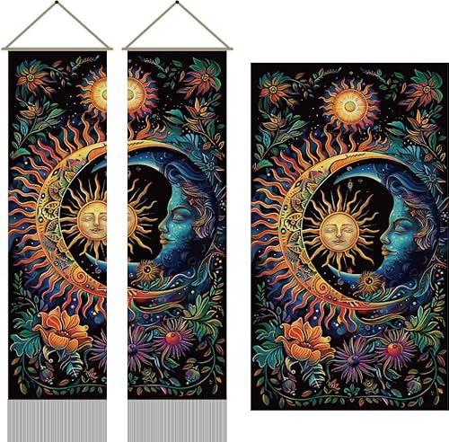 AHANDMAKER 2 x Wandteppich Mit Sonne Und Mond. Psychedelischer Mystischer Floraler Langer Vertikaler Wandteppich Vintage Pflanzen Quaste Wandteppich Mystische Ästhetischen Wandteppich (45.7x13) von AHANDMAKER