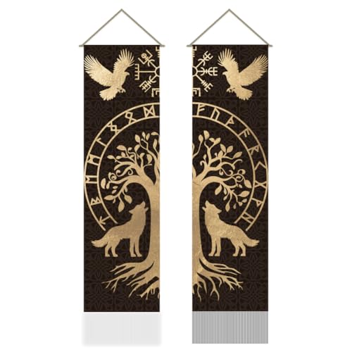 AHANDMAKER 2 x Wikinger Runen Wandteppich Mit Lebensbaum Adler Wolf Vertikaler Wandbehang Wandteppich Dekoration Mit Quasten Für Schlafzimmer Und Wohnzimmer (45.7x13(5) cm) von AHANDMAKER