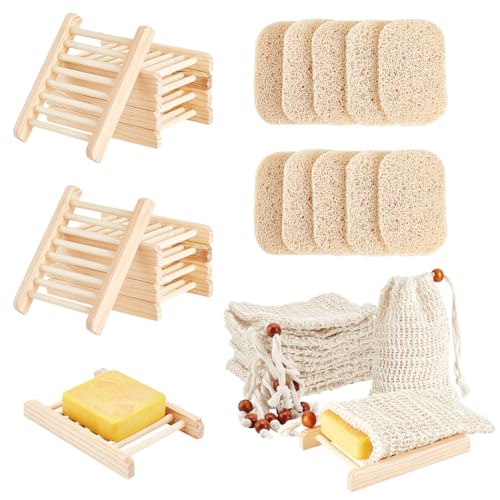 AHANDMAKER 30 Packungen Seifenbeutelhalter-Set Inklusive 10 Stück Naturholz-Seifenhalter, 10 Stück Ovale PVC-Seifenkissen, 10 Stück Ramie-Seifenbeutel Für Bad, Toilette, Küche, Hotel von AHANDMAKER
