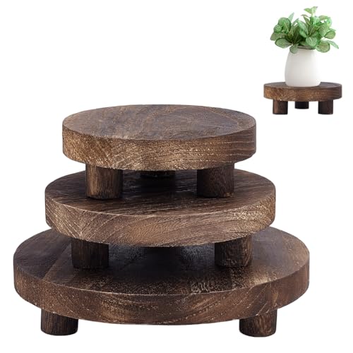 AHANDMAKER 3Pcs Holz Riser Für Decor Flache Runde Holz Display Basis Riser Stand Holz Sockel Rustikalen Bauernhaus Riser Für Home Küche (Braun 8/6/5 Zoll) von AHANDMAKER