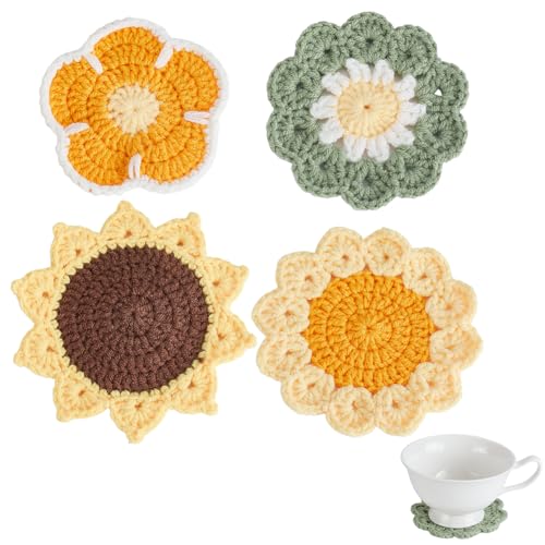 AHANDMAKER 4 Stück Häkeluntersetzer In 4 Stilen Handgemachte Lustige Tassenuntersetzer Mit Blumenmotiv Mehrfarbig Baumwolldeckchen Für Couchtisch Tischschutz Heimdekoration 5 Zoll von AHANDMAKER