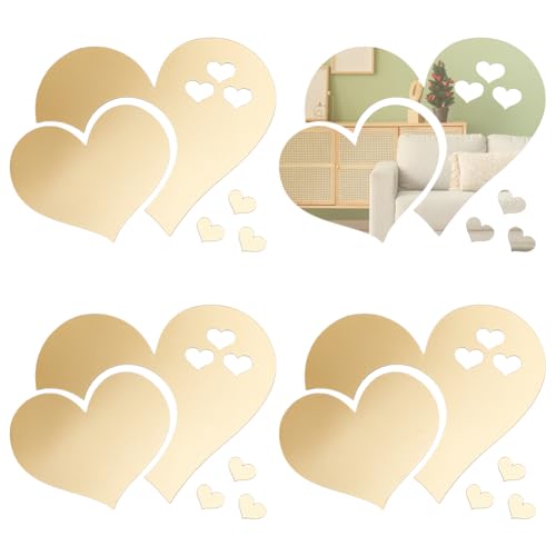 AHANDMAKER 4Set Herz Spiegel Wandaufkleber Goldene Doppelherzform Selbstklebende Wandkunst Aufkleber Herz Wandaufkleber Für Wohnzimmer Schlafzimmer Badezimmer DIY Wanddekoration von AHANDMAKER