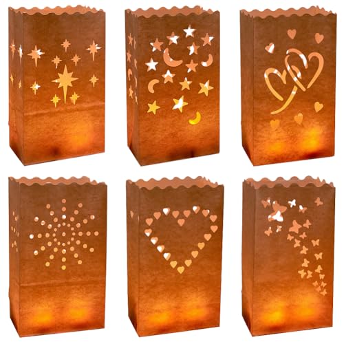 AHANDMAKER 6 Stile Weiße Leuchtsäckchen 30 Stück Weihnachtsleuchtsäckchen Kerzensäckchen Feuerwerk Herz Schmetterlinge Sterne Mond Für Weihnachten Halloween Hochzeit Neujahr Party Dekor von AHANDMAKER