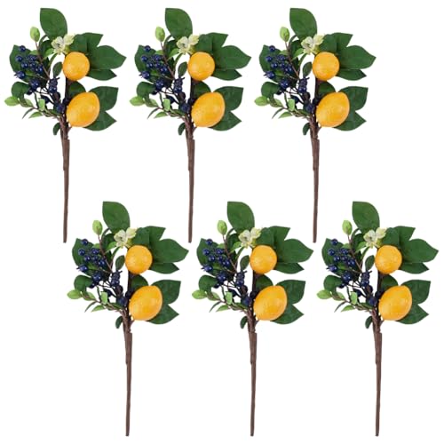 AHANDMAKER 6 Stück Künstliche Zitronenzweige Frühlings Und Sommer Picks Mit Zitronen Blaubeeren Eukalyptusblättern Künstliche Obststiele als Tischdekoration Für Die Küche Zu Hause von AHANDMAKER