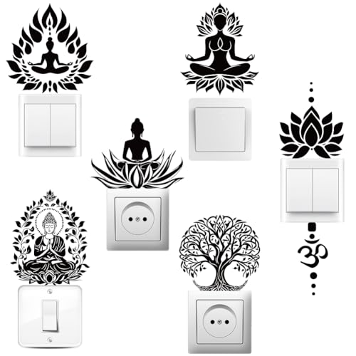 AHANDMAKER 6 x Lichtschalterplatten Aufkleber. Achtsames Spirituelles Design Lotusblumen Aufkleber Für Lichtschalter Wandsteckdosen Schlafzimmer Wohnzimmer 7 x 7 Zoll von AHANDMAKER