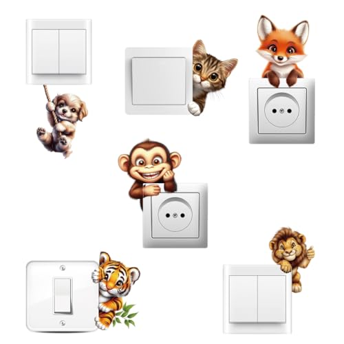 AHANDMAKER 6 x Lichtschalterplatten Aufkleber. Cartoon Tiere Fuchs Katze Hund Tiger Löwenschalteraufkleber Für Lichtschalter Schlafzimmer Laptop Computer 7 x 7 Zoll von AHANDMAKER