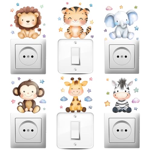 AHANDMAKER 6 x Süßer Cartoon Lichtschalter Aufkleber. Löwe Elefant Giraffe Tiger Zebra Affe Wandaufkleber Lichtschalter Aufkleber Für Kinderzimmer Leiste Fahrzeug Und Heimdekor von AHANDMAKER