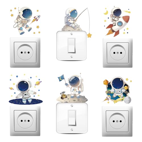 AHANDMAKER 6 x Wandschalter Aufkleber, Lichtschalterplatten Aufkleber. Kreative Schalteraufkleber Für Lichtschalter Weltraum Astronaut Planet Wandsteckdosen Buchse Leiste Laptop Computer 7 x 7 Zoll von AHANDMAKER