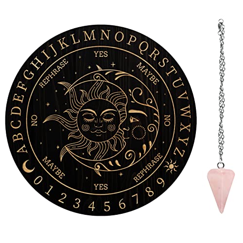 AHANDMAKER 7.8" Hexen-Pendelbrett, Sonne-Mond-Hölzerne Wünschelruten-Planchette Mit Rosenquarz-Kristall-Wünschenpendeln Hexerei-Wahrsagung-Werkzeuge Für Geister-Altar-Dekoration von AHANDMAKER