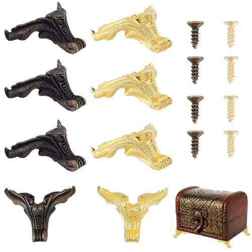 AHANDMAKER 8 Stück Box Beine Füße Retro Design Dekorative Holz Fall Beine Schmuck Brust Lagerung Ecke Für Möbel Eckenschutz Wohndekor (Antikbronze Und Gold) von AHANDMAKER