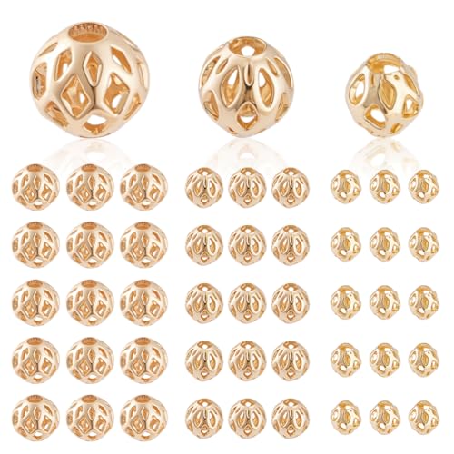 AHANDMAKER 90 Stück Goldene Runde Perlen 3 Größen 14 Karat Vergoldet Filigrane Hohlperlen Lose Metall Abstandshalter Für Ohrringe Armbänder Schmuck DIY Basteln 4/5/6mm von AHANDMAKER