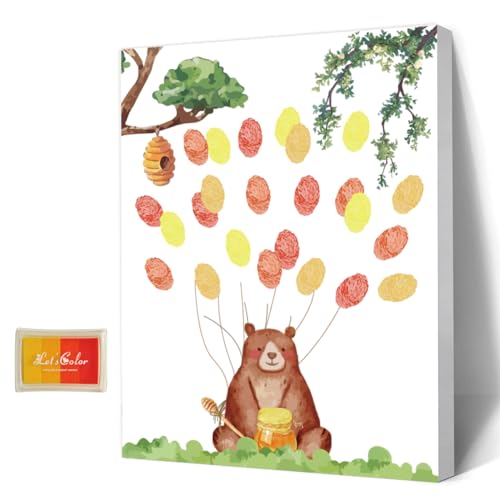 AHANDMAKER Babyparty-Gästebuch, Tiere-Thema, Baby-Geschlecht-Enthüllung, Fingerabdruck-Baum, Fingerabdruck-Baum-Leinwand, Personalisiertes Alternatives Gästebuch Mit 4 Stempelkissen, Honig Bär von AHANDMAKER