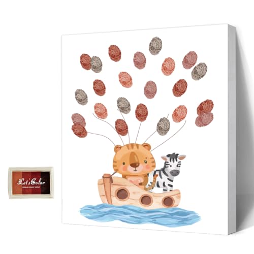 AHANDMAKER Babyparty-Gästebuch, Tiere-Thema, Baby-Geschlecht-Enthüllung, Fingerabdruck-Baum, Fingerabdruck-Baum-Leinwand, Personalisiertes Alternatives Gästebuch Mit 4 Stempelkissen, Tigerzebra von AHANDMAKER