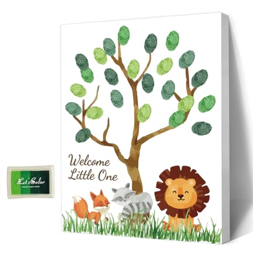 AHANDMAKER Babyparty-Gästebuch, Tiere-Thema, Baby-Geschlecht-Enthüllung, Fingerabdruck-Baum-Leinwand, Personalisiertes Alternatives Gästebuch Mit 4 Stempelkissen, Fuchs Waschbär Löwe von AHANDMAKER