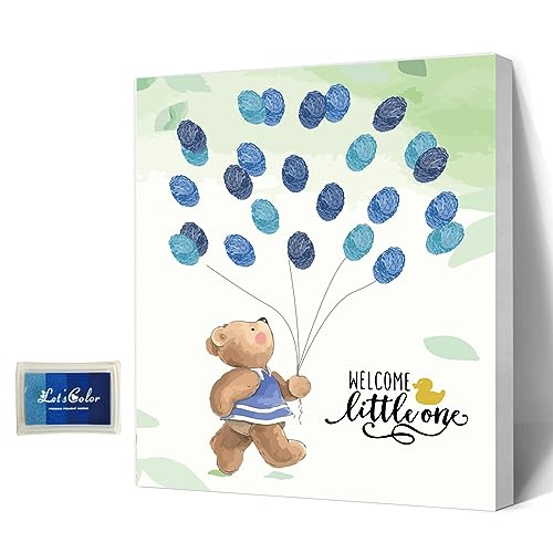 AHANDMAKER Blue Rock Bear Fingerabdrücke Baum, Kreatives DIY Gäste-Signatur-Anmeldebuch, Fingerabdrücke, Gästebuch Mit Holzrahmen Für Hochzeit, Geburtstag, Party, Babyparty, Mit 4 Stempelkissen von AHANDMAKER