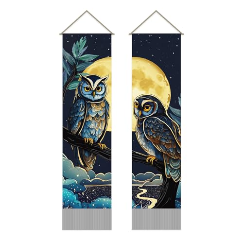 AHANDMAKER Packung Mit 2 Nachteulen-Wandteppichen, Mondschein-Nacht-Wandteppich, Mystische Eule In Einer Mondhellen Nacht, Quasten-Wandteppich, Wandbehang Für Raumkunst, Heimdekoration, 13 x 51 Zoll von AHANDMAKER