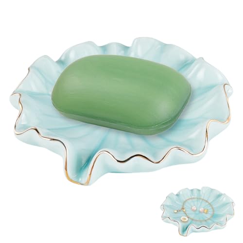 AHANDMAKER Selbstentleerende Seifenschale Aus Keramik Aquamarinfarbene Seifenschale Mit Lotusblatt Motiv Keramik Wasserfall Abflussseife Speichern Elegante Seifenablage In Blattform von AHANDMAKER