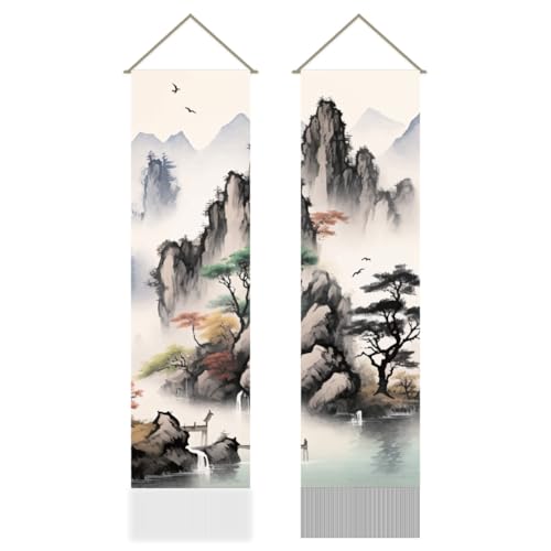 AHANDMAKER Wandteppich, asiatische Landschaftsmalerei, orientalische Tinte, Ästhetik, Bergbaum, japanische Kunstfertigkeit, Quaste, Wandteppich, zum Aufhängen für Schlafzimmer, Wohnzimmer, von AHANDMAKER