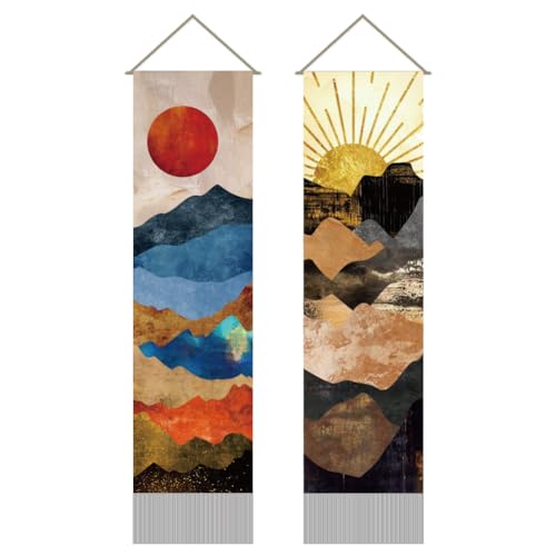 AHANDMAKER Wandteppich Mit Berg- Und Sonnenmotiv, 2 Stück, Naturlandschaft Langer Vertikaler Wandteppich, Wandteppich Mit Quaste Mit Sonnenaufgang Und Sonnenuntergang(45.7x13,(5) cm) von AHANDMAKER