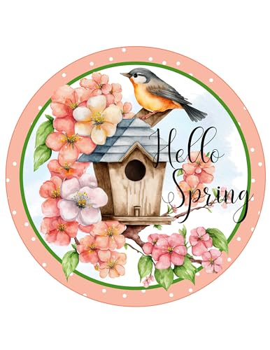 Blechschild Hello Spring Bird Birdhouse Schild – Frühlingsschild für Kränze – Türhänger – Tablett Dekor – Kranzschild – Frühlingsdekor Metallschild 20,3 x 20,3 cm von AHEE