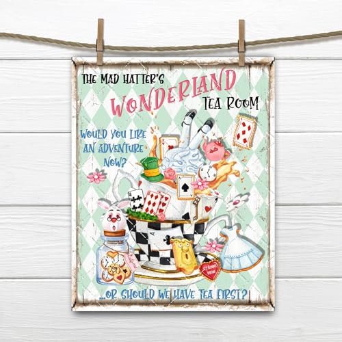 Blechschilder The Mad Hatters Tea Room Alice im Wunderland Schild Teetasse Kekse abgestuftes Tablett Dekor Metallschild 20,3 x 15,2 cm von AHEE