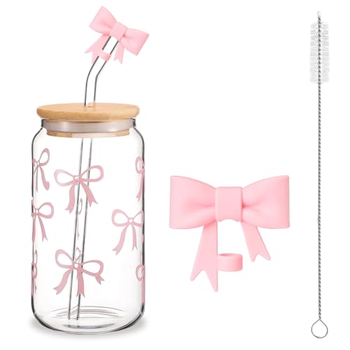AHEJIOO 16 Oz Rosa Glasbecher Mit Deckeln Und Strohhalmen, Coquette Bow Design, Glasbecher Eleganter Trinkbecher Für Iced Coffee Smoothie Matcha Cocktail, Aesthetic Stuff Clean Girl, Matcha Gläser von AHEJIOO
