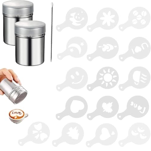 Kakaostreuer Für Cappuccino, 2er-Pack Edelstahl-Puderzuckerstreuer mit 16 Teile/Satz Kaffee Zeichnung Cappuccino Form Und Coffee Art Pull Pin, Kakaostreuer, Feinmaschigem Deckel, für Kochen, Zuhause von AHEJIOO