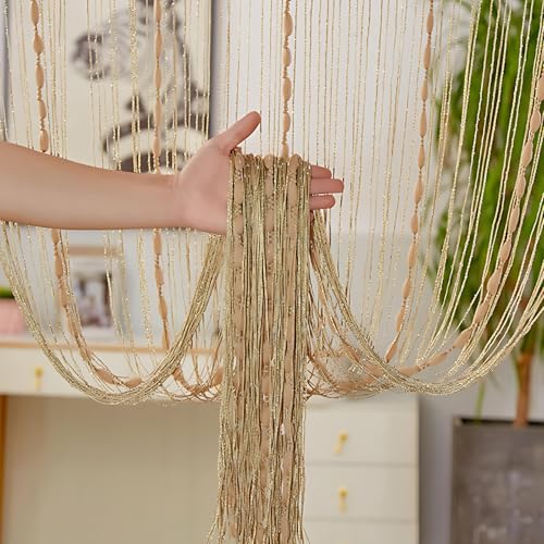 AHEJIOO Fliegenvorhang Terrassentür 200x100cm - Fadenvorhang Insektenschutz für Balkontür & Tür, als Raumteiler oder Dekoration, Glitzer Decorative Schnur-Quaste-Vorhänge für Türen Fenster, Beige von AHEJIOO