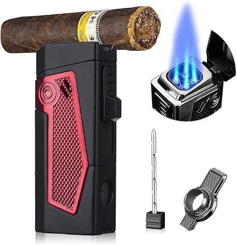 Winddichtes Zigarrenfeuerzeug mit 4 Fackeln, Jet-Flame-Zigarrenpunch, Zigarrenhalter, Butan-Zigarrenzugverstärker, nachfüllbares Fackelfeuerzeug, Zigarrenzubehör, All-in-One-Zigarrenfeuerzeug für Rauc von AHENKEAIA