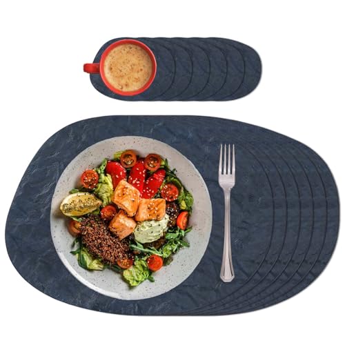 AHHFSMEI Platzdeckchen Set mit 6 Kunstleder-Tischsets für Esstisch, hitzebeständig, rutschfest, waschbar, wasserdicht, Kaffeematten, leicht zu reinigen, Tischmatten und 6 Untersetzer(NavyB) von AHHFSMEI