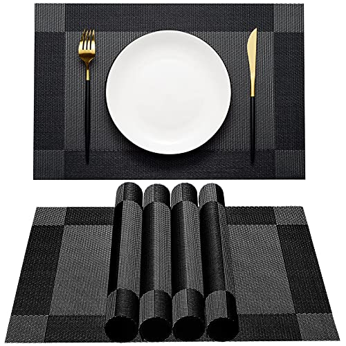 AHHFSMEI Platzsets, Platzsets, 6er-Set, für Esstisch, waschbar, gewebtes Vinyl, rutschfest, hitzebeständig, langlebig, Tischmatten für Esstisch, leicht zu reinigen (Schwarze Ecke) von AHHFSMEI