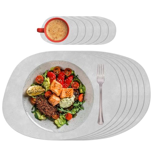 AHHFSMEI Platzsets Set mit 6 Kunstleder-Tischsets für Esstisch, hitzebeständig, rutschfest, waschbar, wasserdicht, leicht zu reinigen, Tischsets und 6 Untersetzer (Grau B) von AHHFSMEI