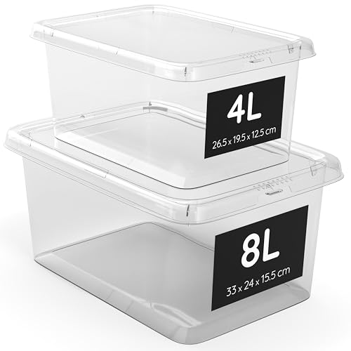 AHIOVA 2 Aufbewahrungsboxen mit Deckel, 4 Liter +8 Liter 100% Transparent, Stapelbare Kunststoffboxen, Verschlussklammern, BPA-frei von AHIOVA