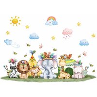 Ahlsen - 1 Set Cartoon-Safari-Tiere-Wandaufkleber, niedlicher Elefant, Zebra, Giraffe, indischer Stil, Schmetterlingsblatt-Wandaufkleber, abnehmbare von AHLSEN