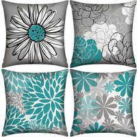 Set mit 4 blaugrünen Kissenbezügen 18x18, Türkis und Grau für Sofa, moderner Gänseblümchen-Kissenbezug für Wohnzimmer, Bettkissen, Set mit 4 blaugrünen Kissenbezügen 18x18, Türkis und Grau für Sofa, moderner Gänseblümchen-Kissenbezug für Wohnzimmer, Bettkissen, von AHLSEN