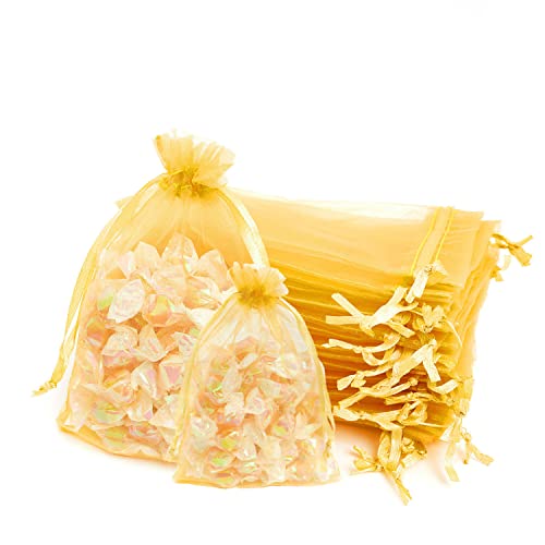 Gold Organzasäckchen 7x9cm, Klein Organza Beutel Geschenkbeutel Organzabeutel Bonbonsbeutel Schmuckbeutel Netzbeutel mit Kordelzug für Hochzeit, Geburtstag, Weihnachten, Thanksgiving (50 Stück) von AHOMAME