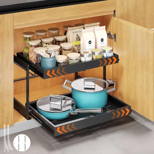 2 Tier teleskopschublade ausziehbare schublade küche mit Kleber,Stick Slide Out küchenschrank organizer für Küche Pantry Organisation Einstellbare Breite 35-50.8cm (Schwarz, 43T x 43H x 32-50.8B cm) von AHOMSEL