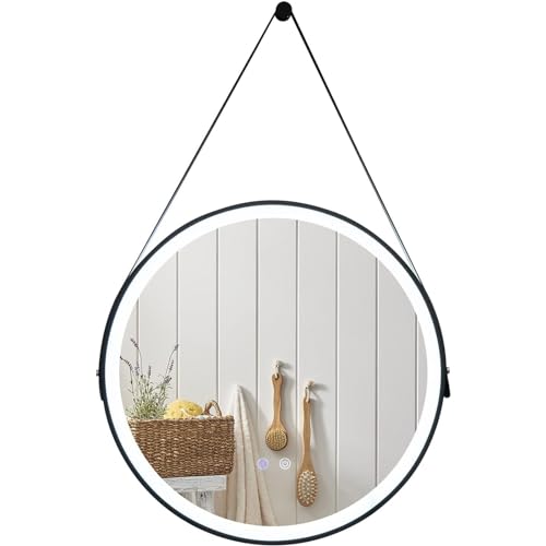 AHOR Gerahmter LED-Smart-Spiegel, Runder Beschlagfreier Dimmbarer 3-Farben-Schminkspiegel Großer Beleuchteter Badezimmerspiegel zur Wandmontage (Color : Black, Size : 40CM_Double Bond) von AHOR