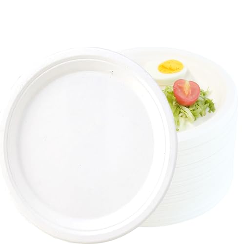 AHPYEUHK Pappteller Weiß Partyteller 120 Stück Kompostierbare Einwegteller 22,8cm Rund Zuckerrohr Bagasse Einweggeschirr Bioabbaubar Partygeschirr Einweg Teller für Party Camping BBQ von AHPYEUHK