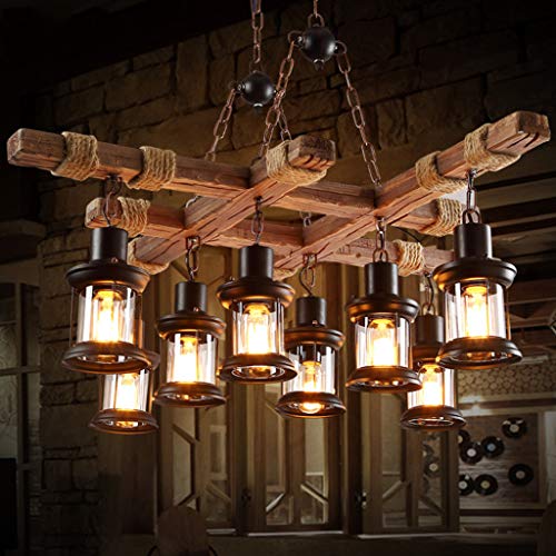 E27 Hanfseil Hängelampe Retro Pendelleuchte Loft Holz Kronleuchter Industrielle Metall Hängeleuchte Internet Cafe Pendellampe Verstellbare Höhe Restaurant Beleuchtung Retro 8 Lampe von AHQX