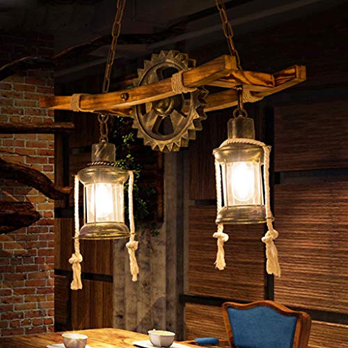 Retro Hängelampe Vintage Pendelleuchte Holz Metall Pendellampe E27 Höhenverstellbar Droplight Schmiedeeisen Gear Hängeleuchte Industrie Kronleuchter Esszimmer Küche Deckenlampe Café Bar Deckenleuchte von AHQX