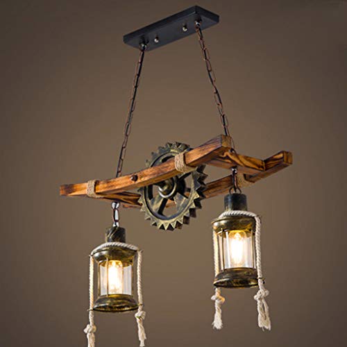 Retro Pendelleuchte Industrielle Loft Bar Hängeleuchte Wohnzimmer Holz Metall Schmiedeeisen Gear Pendellampe E27 Höhenverstellbar Industrial Hängelampe Esszimmer Wohnzimmer Küche Café Kronleuchter von AHQX