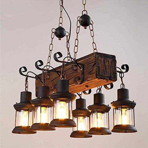 Retro Pendelleuchte Vintage Bar Hängeleuchte Kreativ Persönlichkeit Wohnzimmer Holz Metall Pendellampe E27 Höhenverstellbar Industrial Hängelampe Esszimmer Deckenlampe Wohnzimmer Kronleuchter,6xE27 von AHQX