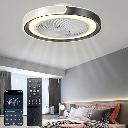 AHRHSM Deckenventilator mit Beleuchtung und Fernbedienung Dimmbar Deckenlampe-mit-Ventilator und APP Leise Lampe mit Ventilator, Timer - 6 Geschwindigkeiten (Schwarz und Weiß) von AHRHSM