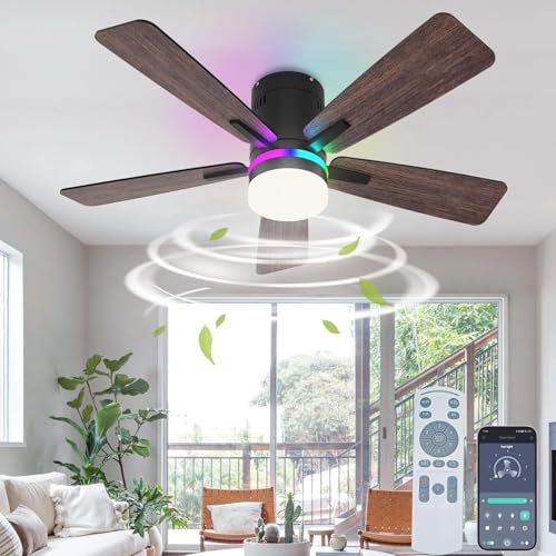 AHRHSM RGB-Deckenventilator mit Beleuchtung undFernbedienung Dimmbar Deckenlampe-mit-Ventilator und APPLeise Lampe mit Ventilator 5 Holz Flügeln, Timer-6Geschwindiqkeiten(Schwarz,106cm) von AHRHSM