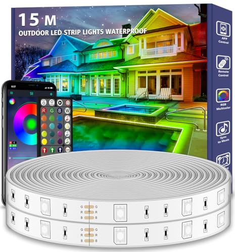 Outdoor LED Streifen Wasserdicht, 15m LED Lichterkette Außen IP68 Lichtband wasserfest mit App-Fernsteuerung, Musik Synchronisation RGB Outside Lichterkette für Balkon, Terrasse, Dach, Garten, Pool von AHRLHR