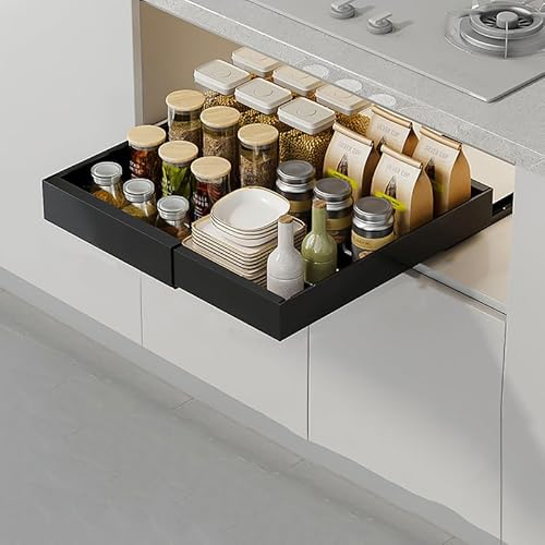 AHSBND Ausziehbarer Schrank-Organizer, Teleskopschublade Nachrüsten, Metall Pull Out Cabinet Organizer, Erweiterbar Ausziehbare Schubladen mit Klebefolie von AHSBND