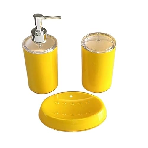 AHUFGN Badezimmer-Seifenspender-Set, Kunststoff, Badezimmer-Zubehör, Seifenspender, Zahnbürstenhalter, Seifenbox für Waschraum, Gelb, 3 Stück von AHUFGN
