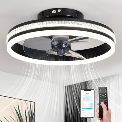 AHWEKR Leise Deckenventilator Mit Beleuchtung 30W Dimmbare Deckenleuchte Mit Fernbedienung Und APP 6 Geschwindigkeiten Lampe Mit Ventilator Timer Schlafzimmer Wohnzimmer Schwarz,40cm von AHWEKR