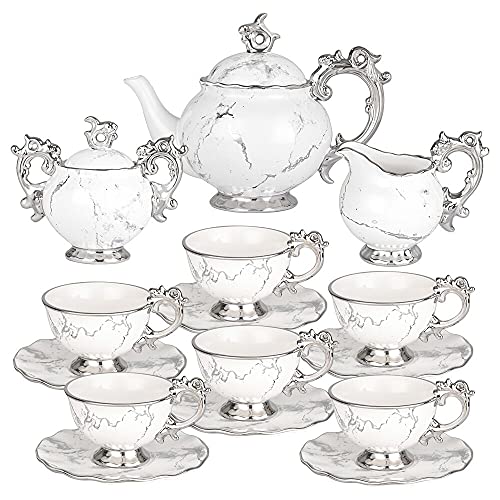 Tee Set Tee Services Porzellan 15 Stück - Keramik Teekanne Set mit Tasse und Untertasse 6 Personen - Vintage China Tea kaffee Service mit Zuckerdose und Milchkännchen für Geschenk und Haushalt von AHX